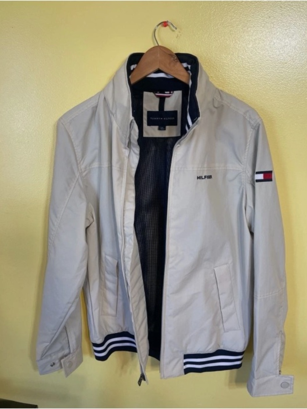 Tommy Hilfiger Men's Cream Bomber Jacket with Navy Trim